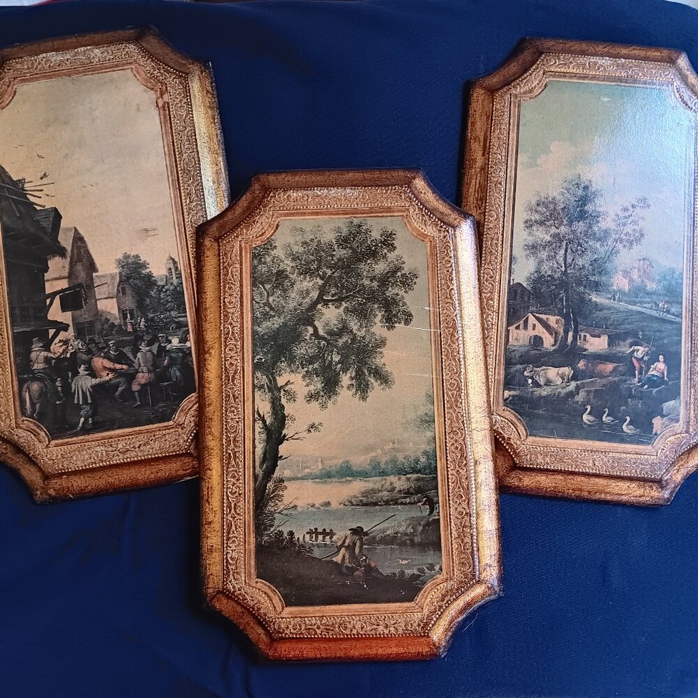 3 ps SET Vintage 1950’s Wood Gold Trimmed Florentine Italian Landscape Wall Art